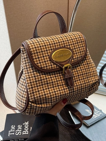 Vintage Mini Rucksack Damen PU Leder Hahnentritt Muster Mode Student Schultasche Retro Eimer Reisetasche Rucksack