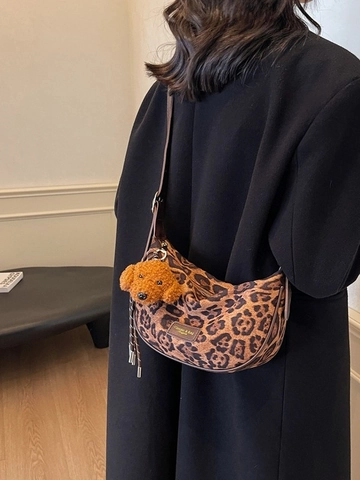 Sac Hobo en Velours de Suède Vintage Avec Imprimé Léopard Pour Femmes Grande Capacité Sac Bandoulière Avec Pendentif En Peluche