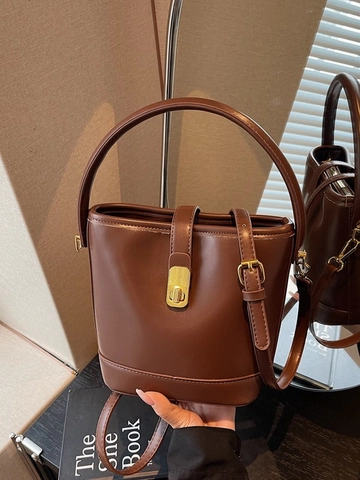 Vintage PU Leather Bucket Bag For Women Fashion Crossbody Shoulder Bag With Gold Twist Lock Adjustable Strap Handbag