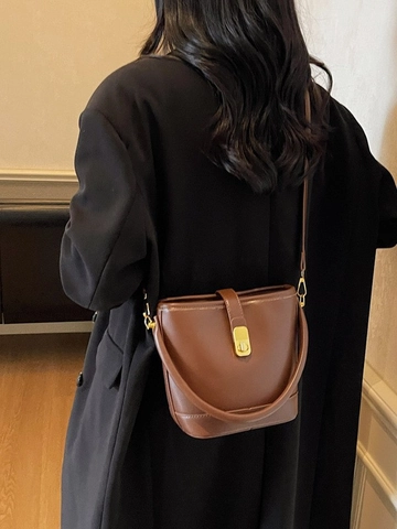 Vintage PU Leather Bucket Bag For Women Fashion Crossbody Shoulder Bag With Gold Twist Lock Adjustable Strap Handbag