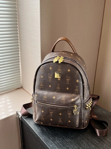 Women Fashion PU Leather Backpack Large Capacity Monogram Printed Cartoon Rabbit Commuter Daypack With Rivets For Travel