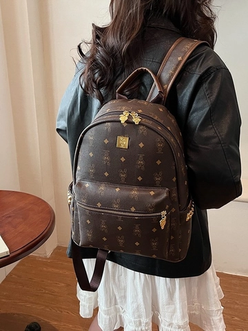 Women Fashion PU Leather Backpack Large Capacity Monogram Printed Cartoon Rabbit Commuter Daypack With Rivets For Travel