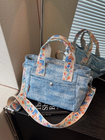 Retro Gewaschen Denim Tote Bag Für Damen Groß Kapazität Handtasche Mit Blumen Bestickt Verstellbar Gurt Mode Pendeln Tasche