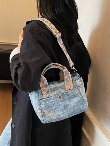 Retro Gewaschen Denim Tote Bag Für Damen Groß Kapazität Handtasche Mit Blumen Bestickt Verstellbar Gurt Mode Pendeln Tasche