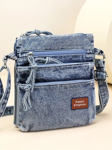 Vintage Washed Cloth Crossbody Bag For Women Multi Layer Zipper Mobile Phone Bag Casual Retro Denim Shoulder Bag Adjustable Strap