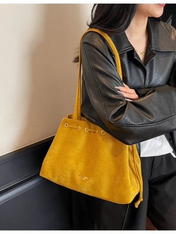 Women PU Leather Tote Bag Drawstring Shoulder Bag Large Capacity Stitching Handbag Commuter Retro Underarm Bag For Daily Office