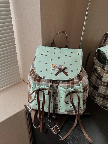 Zoete College Stijl Geruite Rugzak Voor Dames In Munt Groen Kleurblok Sterpatroon Strik Decoratie Schooltas
