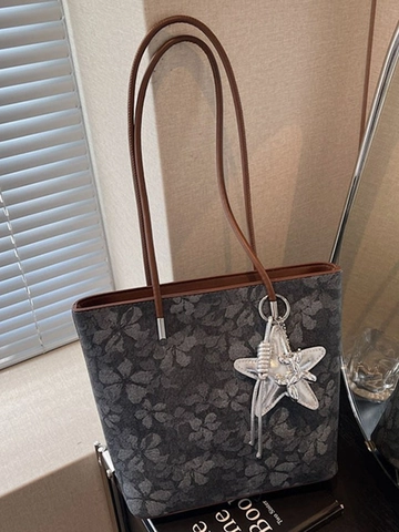 Large Capacity Printed Floral Tote Bag For Women High-End PU Leather Commuter Shoulder Bag With Star Pendant Lazy Style Travel Handbag