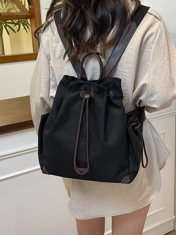 Women Casual Canvas Drawstring Bucket Backpack Vintage Fashion Large Capacity Shoulder Bag For Daily Commuting Campus Top Handle Bag