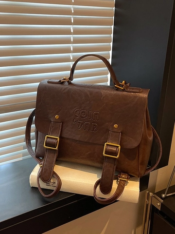 Vintage PU Leather Backpack For Women Retro Messenger Handbag Large Capacity Commuter School Bag With Metal Buckle Decoration