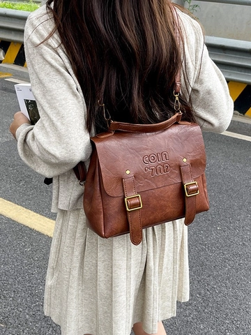 Vintage PU Leather Backpack For Women Retro Messenger Handbag Large Capacity Commuter School Bag With Metal Buckle Decoration