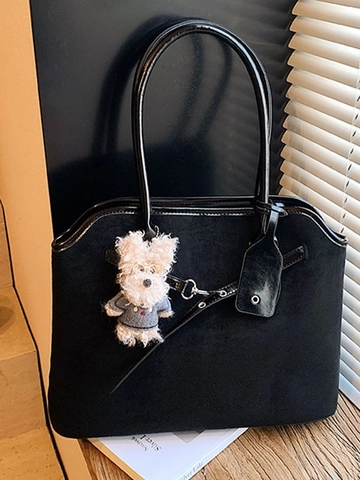 Sac Cabas Vintage Grande Capacité en PU pour Femmes Sac à Épaule Décontracté Avec Bordure Contrastée et Pendentif Chien en Peluche