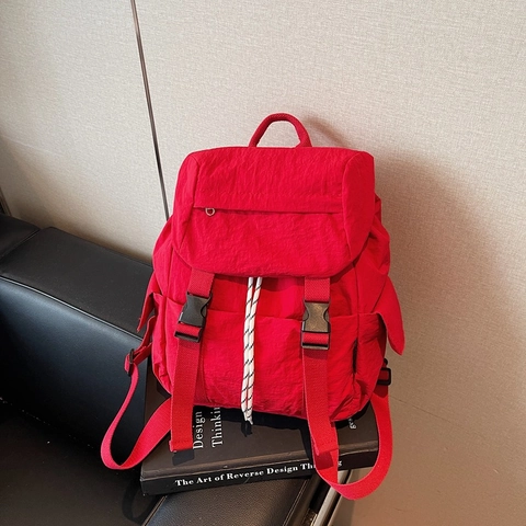 Women Fashion Wrinkled Nylon Backpack Large Capacity Student School Bag Outdoor Travel Yoga Sports Bag Drawstring Buckle