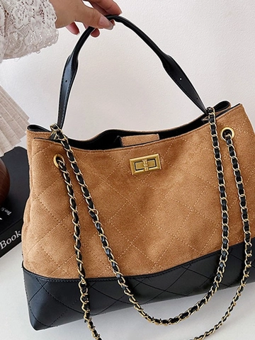 Sac Tote Matelassé en Suède Vintage pour Femmes Grande Capacité Couleur Contrastée Chaîne Sac à Épaule Sac Crossbody Luxe Urbain