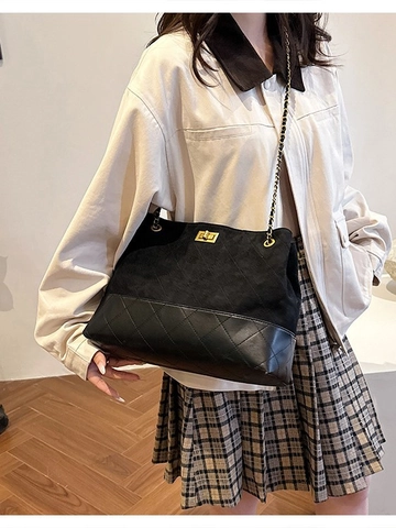 Sac Tote Matelassé en Suède Vintage pour Femmes Grande Capacité Couleur Contrastée Chaîne Sac à Épaule Sac Crossbody Luxe Urbain