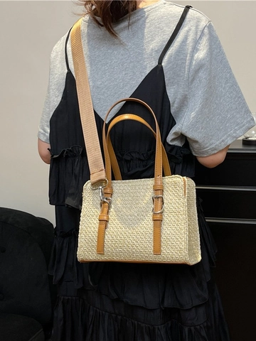 Sac Bandoulière en Paille Tissée pour Femmes Petit Sac à Main de Mode pour Vacances à la Plage Style Décontracté Sac à Épaule avec Bandoulière Réglable