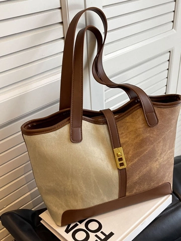 Sac Fourre-tout Femme Grande Capacité en Cuir PU Bloc de Couleur Vintage Sac à Épaule Avec Fermoir en Métal Bureau Quotidien