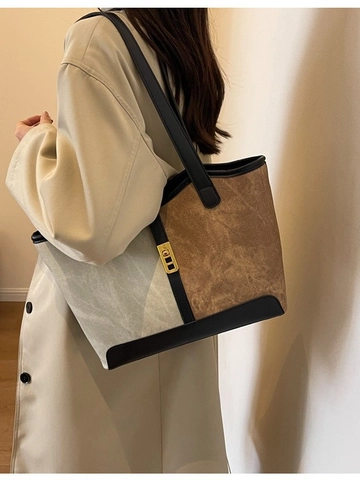 Sac Fourre-tout Femme Grande Capacité en Cuir PU Bloc de Couleur Vintage Sac à Épaule Avec Fermoir en Métal Bureau Quotidien