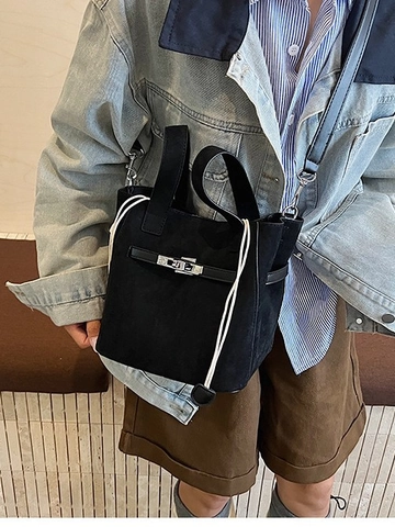 Vintage Suede Bucket Bag For Women Frosted Crossbody Shoulder Bag With Metal Lock Drawstring Small Handbag For Daily Use