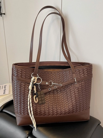 Women Woven Tote Bag Large Capacity PU Leather Shoulder Bag With Chocolate Charm Commuter Office Handbag Fashion Shopping Bag