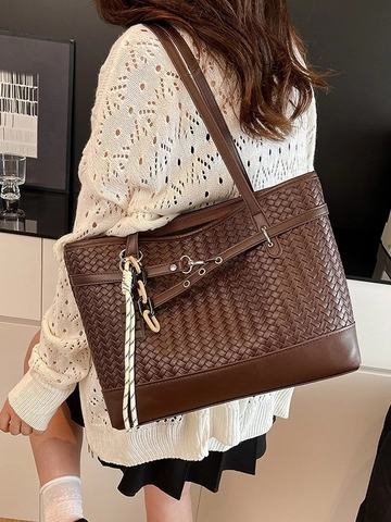 Women Woven Tote Bag Large Capacity PU Leather Shoulder Bag With Chocolate Charm Commuter Office Handbag Fashion Shopping Bag