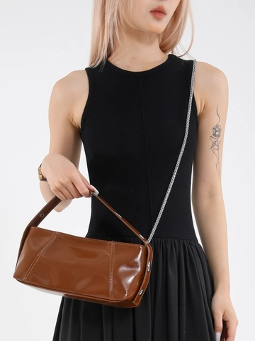 Women Glossy PU Leather Underarm Bag Retro Rivet Decor Shoulder Bag With Chain Strap Crossbody Handbag Fashion Solid Color