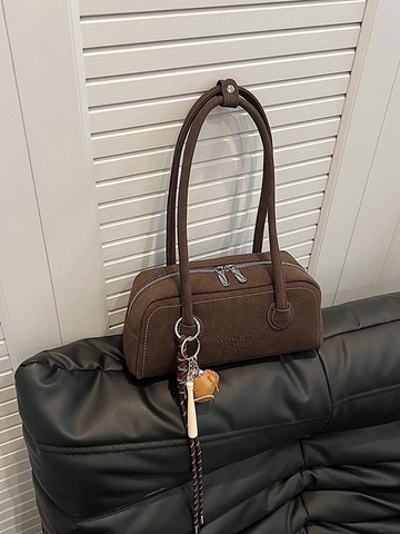 Borsa Sottobraccio in PU Smerigliato Vintage da Donna Cuciture a Contrasto Lettere a Rilievo Borsa Boston Con Ciondolo da Baseball