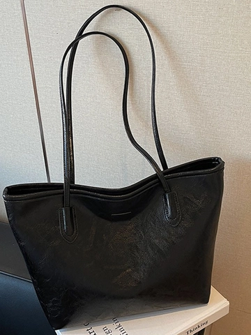 Retro PU Leather Large Capacity Tote Bag For Women Minimalist Commuter Shoulder Bag Solid Color Casual Fashion Handbag