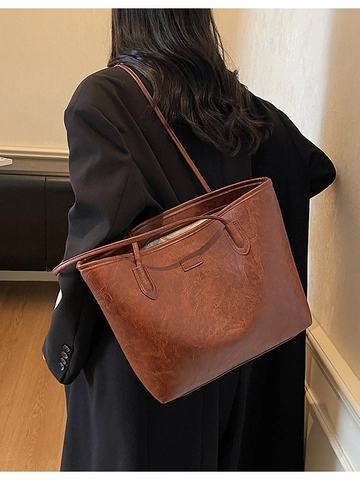Retro PU Leather Large Capacity Tote Bag For Women Minimalist Commuter Shoulder Bag Solid Color Casual Fashion Handbag