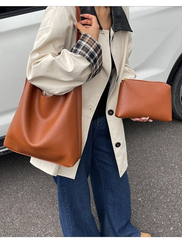Sac Cabas Femme en Cuir Galet PU Grande Capacité Sac à Épaule Simple pour Navette Avec Sangle Réglable et Pochette Ensemble de Deux Pièces