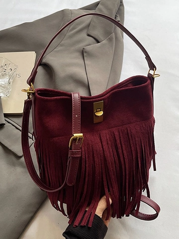 Vintage Wildlederimitat Quasten Umhängetasche Für Damen Mode Fransen Eimer Schultertasche Mit Metallo-Schloss Twist Verschluss Handtasche