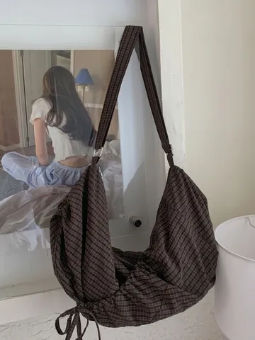 Große Kapazität Karo Leinwand Umhängetasche Für Damen Vintage Hobo Stil Verstellbarer Gurt Lässige Schultertasche