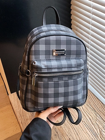 Women Vintage Checkered PU Leather Backpack Large Capacity Casual Fashion Student Schoolbag Lightweight Travel Daypack