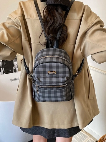 Women Vintage Checkered PU Leather Backpack Large Capacity Casual Fashion Student Schoolbag Lightweight Travel Daypack