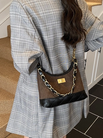 Women Retro Quilted PU Leather Shoulder Bag Vintage Contrast Color Chain Hobo Bag Chic Twist Lock Crossbody Bag Fashion Handbag