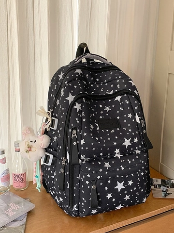 Nylon Sterrenprint Rugzak Grote Capaciteit Schooltas Voor Dames Studenten Laptop Reisrugzak Met Schattige Pluche Hanger