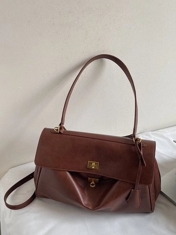 Vintage Damen Große Kapazität PU Leder Umhängetasche Einfach Büro Pendeln Tote Bag Mit Falten Ziernähte Metallschloss