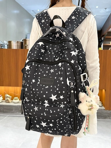 Nylon Sterrenprint Rugzak Grote Capaciteit Schooltas Voor Dames Studenten Laptop Reisrugzak Met Schattige Pluche Hanger