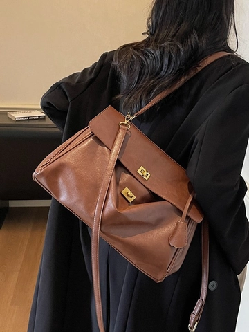 Vintage Damen Große Kapazität PU Leder Umhängetasche Einfach Büro Pendeln Tote Bag Mit Falten Ziernähte Metallschloss
