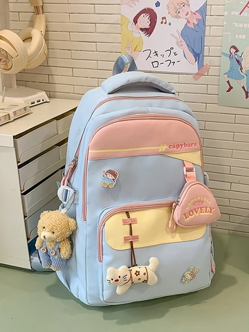 Sac à Dos Scolaire de Grande Capacité pour Filles Mignon Patchwork en Nylon Cartable Étudiant Avec Charms Porte-Monnaie Imperméable