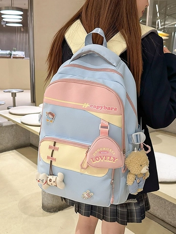 Sac à Dos Scolaire de Grande Capacité pour Filles Mignon Patchwork en Nylon Cartable Étudiant Avec Charms Porte-Monnaie Imperméable