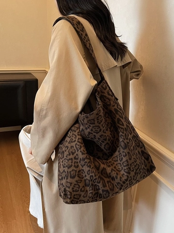 Vintage Leopard Print Tote Bag For Women Large Capacity Faux Suede Shoulder Bag Casual Relaxed Hobo Handbag Commuting Shopping Bag