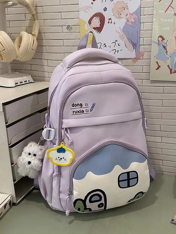 Cute Cartoon House Pattern Nylon Backpack For Girls Large Capacity Student Schoolbag With Plush Dog Charm Casual Daypack