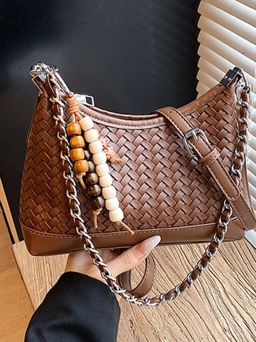 Borsa a Tracolla Intrecciata Retro per Donna in Pelle PU Con Catena Borsa Hobo Spalla Con Pendente in Grani di Legno Vintage Piccola Borsa a Mezzaluna