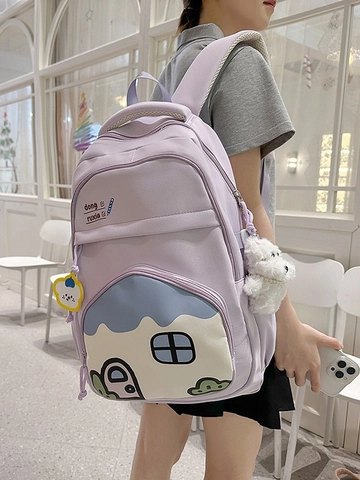 Cute Cartoon House Pattern Nylon Backpack For Girls Large Capacity Student Schoolbag With Plush Dog Charm Casual Daypack