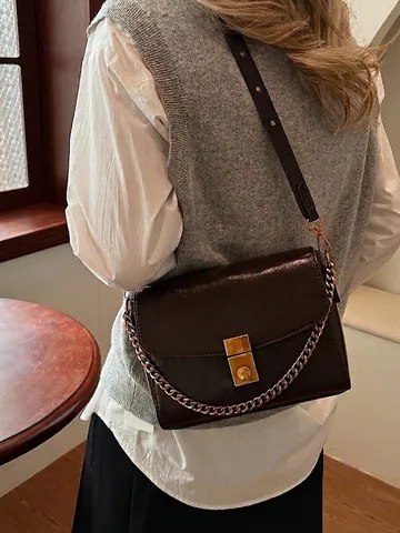 Borsa a Tracolla Piccola Quadrata in Pelle PU Vintage da Donna Con Catena Oro Borsa a Spalla Minimalista alla Moda per Uso Quotidiano