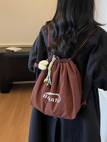 Women Large Capacity Nylon Drawstring Backpack Tote Bag Casual Letter Print Shoulder Bag With Plush Pendant For Daily