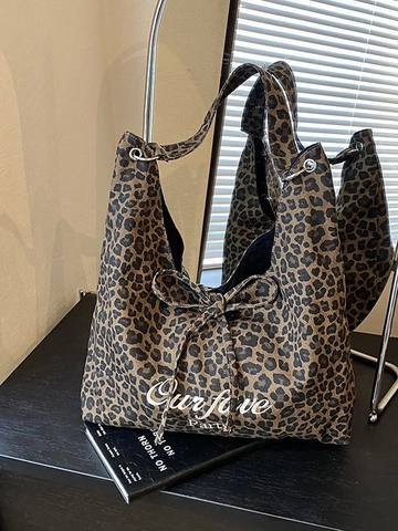 Leopard Print Tote Bag For Women Large Capacity Canvas Shoulder Bag With Bow Letter Decoration Daily Commuter Casual Hobo Bag