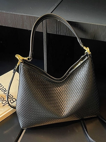 Grand Sac Hobo Tissé pour Femmes Sac Fourre-tout Bandoulière en Cuir PU Avec Bandoulière Réglable Sac à Épaule Navette Gold Hardware