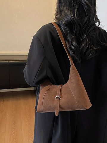 Vintage Suede Underarm Bag For Women Fashion Retro Hobo Bag Frosted Solid Color Shoulder Bag With Buckle Strap Commuting Bag